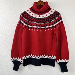 Vintage St Johns Bay Sweater M Red Black Fair Isle Chunky Knit Turtleneck 90s